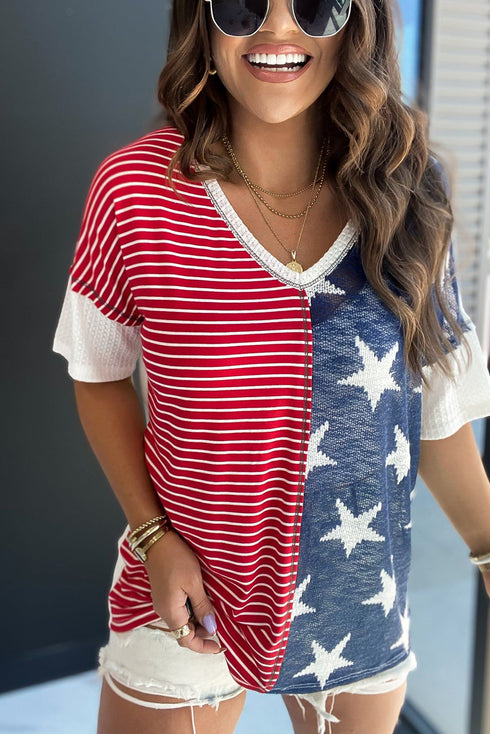 Stripes Stars Print Knit Short Sleeves Top